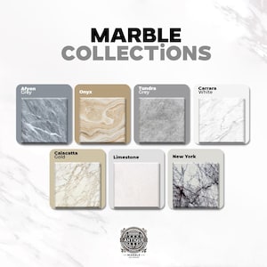 Puede incluir: Una pantalla titulada MARBLE COLLECTIONS que presenta siete muestras de piedra cuadradas etiquetadas como Afyon Grey, Onyx, Tundra Grey, Carrara White, Calacatta Gold, Limestone y New York, con un logotipo de Antique Marble Art Design abajo al centro.