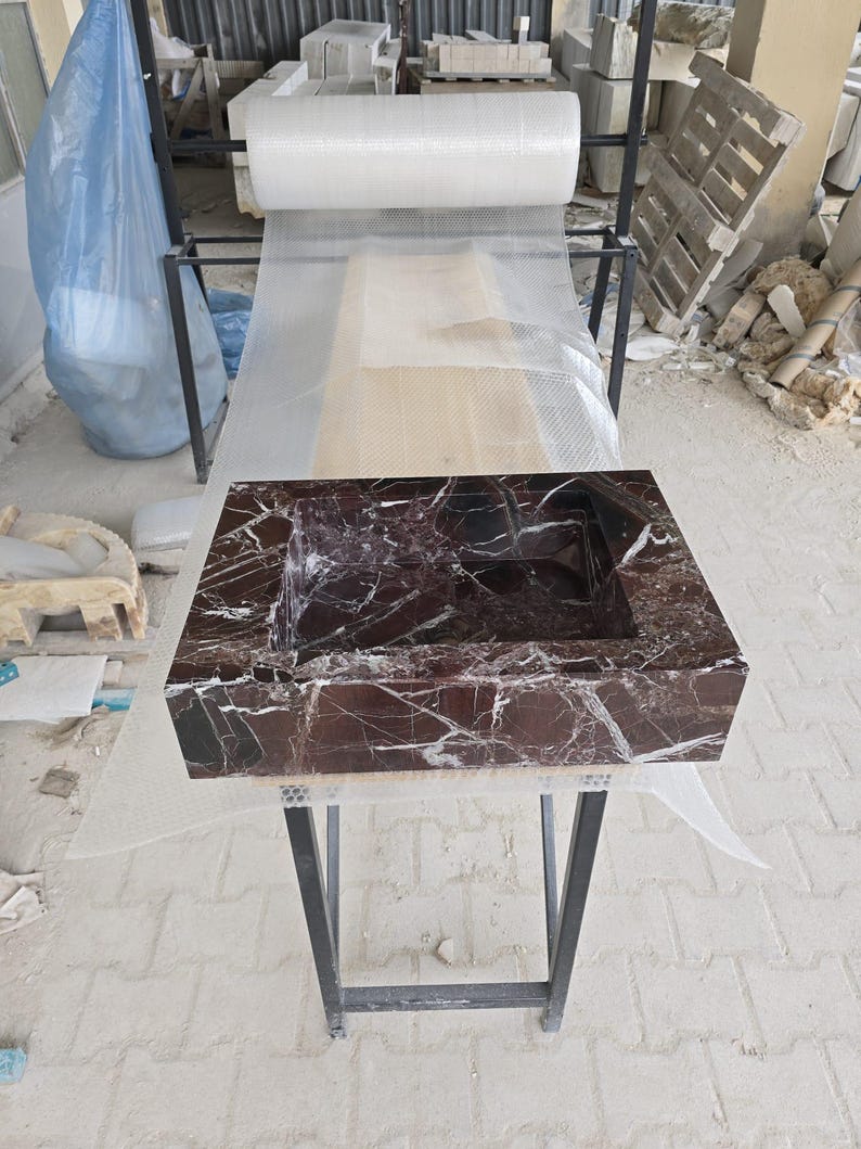 Lavabo de mármol Rosso Levanto, lavabo de pared, lavabo de baño, lavabo tallado a mano, piedra natural de lujo, tamaño personalizado imagen 4