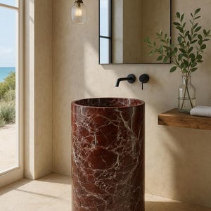 May include: A cylindrical pedestal sink crafted from deep red marble with prominent white veining. The freestanding basin features a smooth, polished finish and a circular opening at the top, positioned in a room with light-colored walls and flooring.