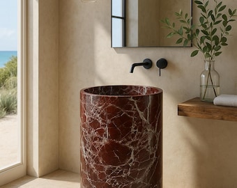 Luxury Rosso Levanto Marble Pedestal Sink - Handcrafted Marble Basin