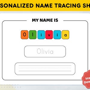 Pode incluir: Uma folha de rastreamento de nomes personalizada com o texto "PERSONALIZED NAME TRACING SHEET" no topo. A folha inclui as palavras "MY NAME IS" e o nome "Olivia" em um formato rastreável, com blocos de letras coloridos acima. Um adesivo vermelho diz "Instant Download".