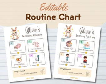 Editable Kids Routine Chart Printable, Visual Schedule for Toddlers, Morning Evening Routine Chart Canva Template