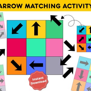 May include: A colorful educational graphic with the text "ARROW MATCHING ACTIVITY." The image features arrow matching puzzles with various colored squares and black arrows pointing in different directions. A red badge with "Instant Download" is also present.
