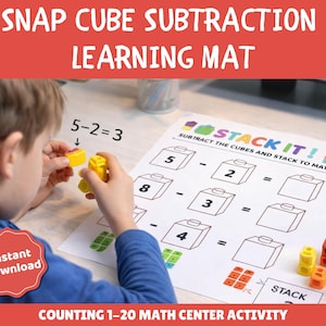 May include: A learning mat with the text "SNAP CUBE SUBTRACTION LEARNING MAT" and "COUNTING 1-20 MATH CENTER ACTIVITY". The mat features subtraction problems with snap cubes. A child is shown using the cubes to solve the problems.
