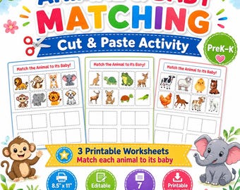 Animal Matching Game Printable for Toddlers, Preschool Learning Worksheet, Baby Animal Match Activity, Homeschool Busy Book PDF