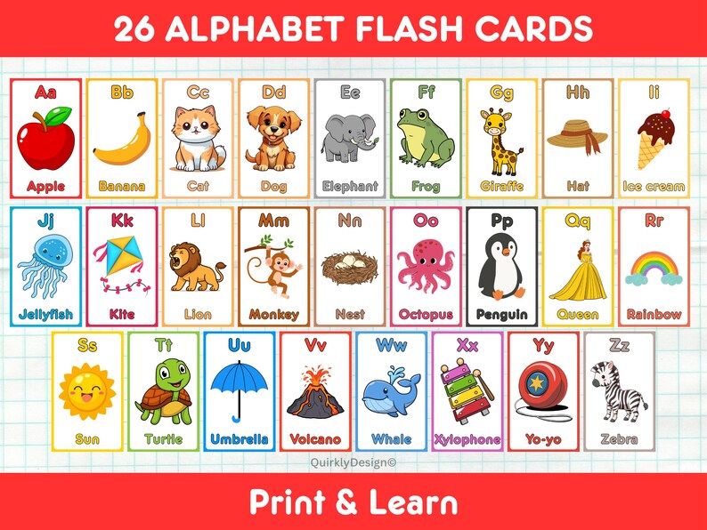 Alphabet Flashcards Printable, ABC Learning Cards for Kids, Preschool ...