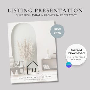 Puede incluir: Una plantilla de presentación de listado con el texto "LISTING PRESENTATION" y "BUILT FROM $100M IN PROVEN SALES STRATEGY". El diseño incluye un logotipo de casa y el texto "SELLING WITH THE LISTING HOUSE DESIGNS THAT CLOSE DEALS". Incluye una insignia "NEW 2026" y una insignia "Instant Download".