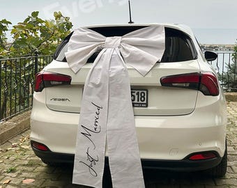 Personalized Car Bow – Wedding Decoration / Custom Linen Car Ribbon with Printed Text