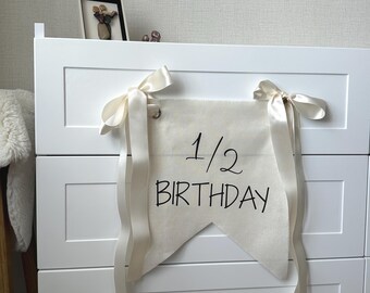 Personalized Baby Birthday Banner, Linen Fabric Bunting | Baby Shower Decoration 14"x16" (35x40 cm)