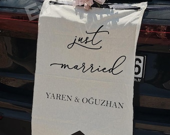 Just Married Linen Sign | Wedding Car Banner | Personalized Fabric Decor - 20"x32" (50x80 cm)