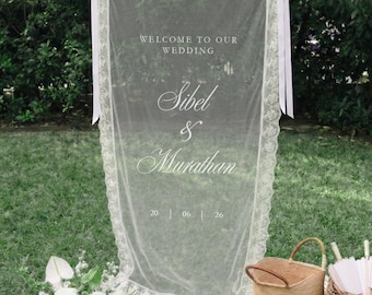 Sheer Lace Wedding Welcome Sign, Custom Tulle Fabric | Personalized Ceremony Decor