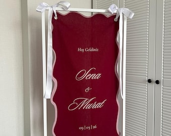 Burgundy Fabric Wedding Welcome Sign | Custom Red Cotton Banner | Personalized Event Decor 23"x47" (60x120 cm)
