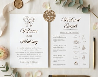 Plantilla de itinerario de boda con guion romántico, carta de bienvenida imprimible, programa de fin de semana, información para invitados y orden del evento.