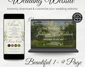May include: A wedding website design displayed on a smartphone and laptop. The laptop screen shows a landscape painting with the names "Julianna & Holdern" and the date. The smartphone shows wedding details.