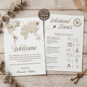 Destination Wedding Itinerary Template | Editable Canva Wedding Welcome Letter | World Map Wedding Itinerary | Wedding Weekend Timeline