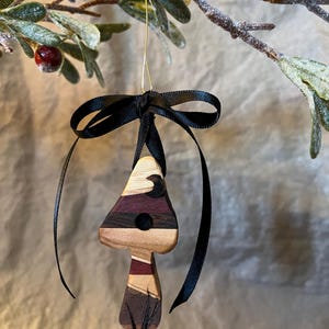 Könnte beinhalten: Ein hölzerner Pilz-Ornament mit einer schwarzen Schleife. Der Pilz besteht aus verschiedenen Holzfarben, darunter hellbeige, dunkelbraun und bordeauxrot. Er hängt an einem goldenen Draht und vor einem Zweig mit Beeren.