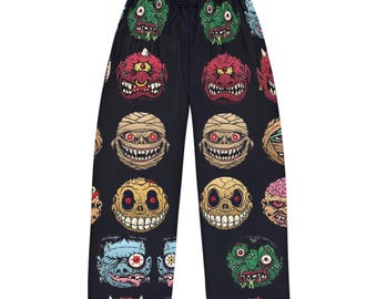 Pantalones de pijama con caras de monstruo de terror / Madballs, juguetes vintage, estampado integral de momia, calavera y zombi espeluznante