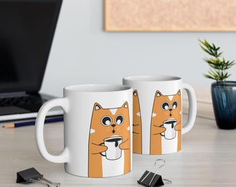 Orange Cat Holding Coffee Mug, Ceramic Mug | 11oz or 15oz