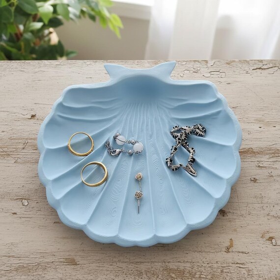 3D Printed Scallop Shell Jewelry Dish | Pastel Blue Coastal Decor | Ring Holder
