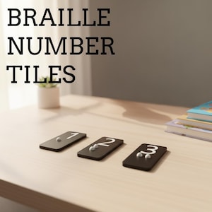 May include: Braille number tiles with the numbers 1, 2, and 3. The tiles are black with white numbers and raised dots. The text "BRAILLE NUMBER TILES" is at the top of the image. The tiles are on a light-colored wooden surface.
