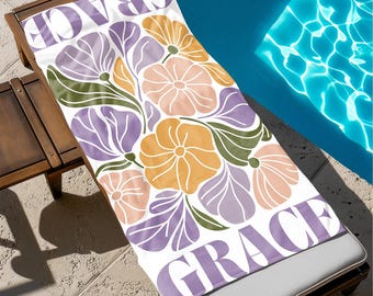 Boho Floral Beach Towel, Custom Beach Towel, Retro Floral Towel, Girls Trip Gifts, Personalized Pool Towel, Summer Vacation Gift