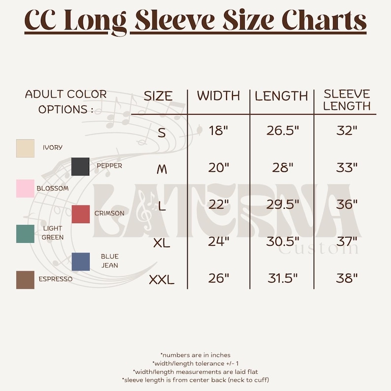 CC Long Sleeve Size Charts