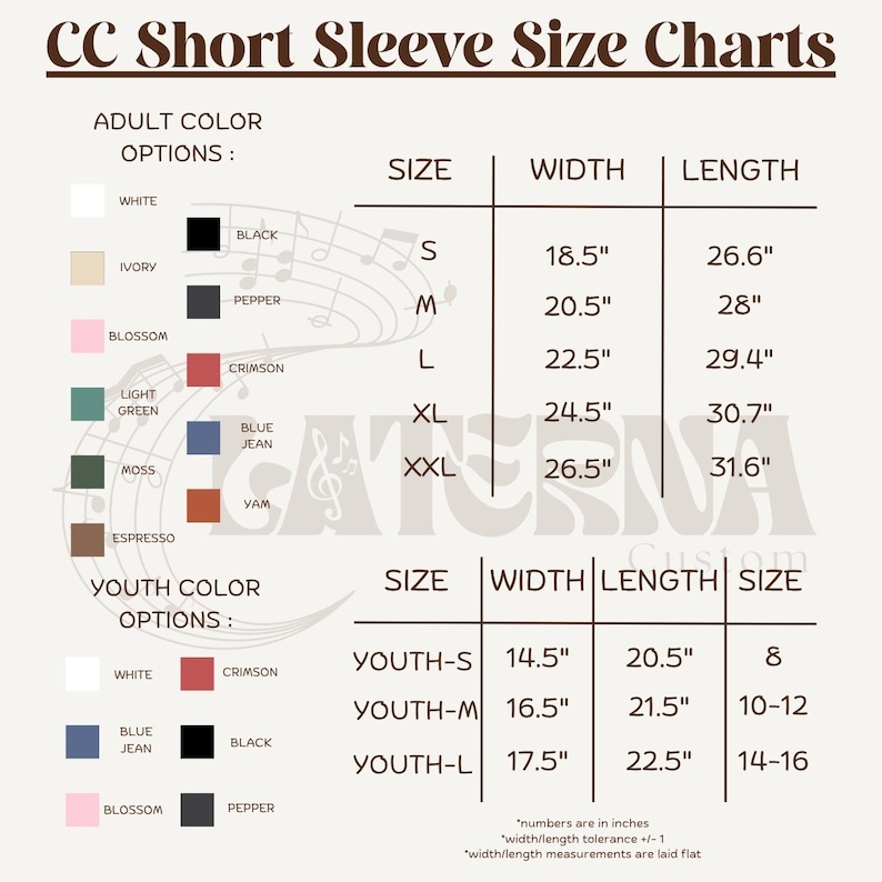 a collection of size charts for short sleeve sleeves, including adult and youth color options. The charts provide specific measurements for sleeve width and length, catering to different age groups. The charts are designed to help customers determine the appropriate size based on their age and sleeve length.