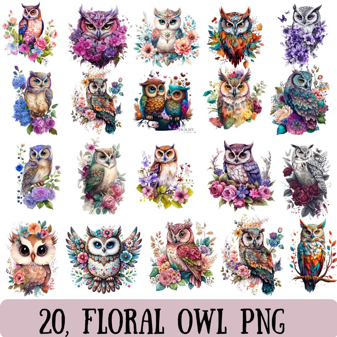 Floral Owl Clipart Bundle, Watercolor Nursery Decor PNG (Digital Download)