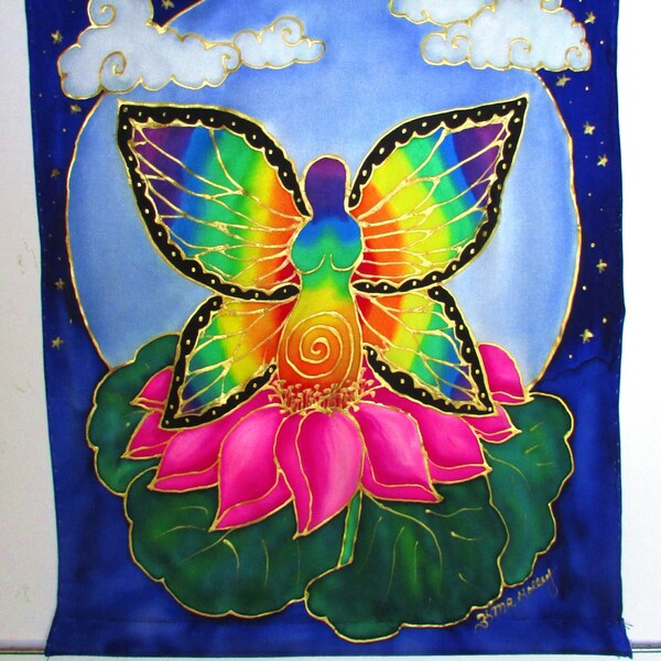 Butterfly Goddess silk art,spiritual gift, silk wall hanging,Goddess of Transformation, goddess art, butterfly art, lotus art, pagan,wiccan