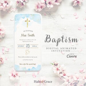 May include: A digital baptism invitation with a gold cross and the name "Max Smith". The invitation includes the date, time, and a dove illustration. The words "Baptism" and "Digital Animated Invitation" are also displayed.