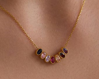 Collar personalizado con piedra natal familiar - Collar de plata de ley hecho a mano - Un regalo delicado y elegante para ella, mujer