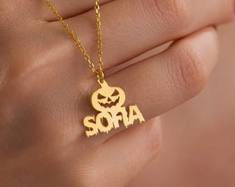 Collar personalizado de calabaza con nombre – Joyería de plata de ley para Halloween – Regalo de otoño para mujeres y niños