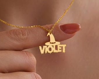 Collar personalizado con nombre y sombrero de bruja – Colgante de Halloween en oro, plata o rosa – Joyería de Halloween
