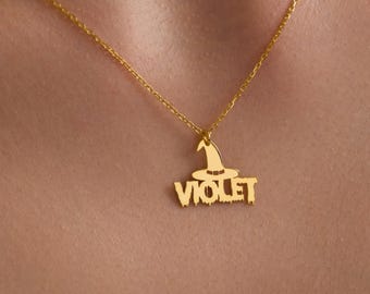 Collar con colgante de sombrero de bruja personalizado – Regalo de Halloween personalizado para mujer. Oro, plata de ley, rosa.