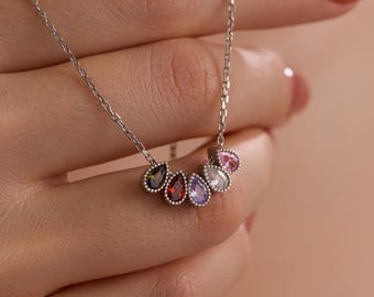 Collar de plata de ley con piedra natal – Joyería familiar con piedra natal – Regalo navideño minimalista y personalizado para ella, esposa