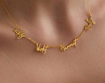 Collar con nombre familiar en oro de 14k – Colgante de plata de ley con piedra natal