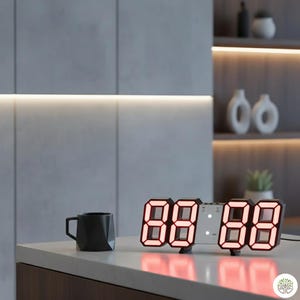 Puede incluir: Un reloj digital moderno con números LED rojos que muestran 08:08. El reloj tiene un marco negro y está sobre una encimera blanca, junto a una taza negra. El fondo presenta un diseño interior minimalista.
