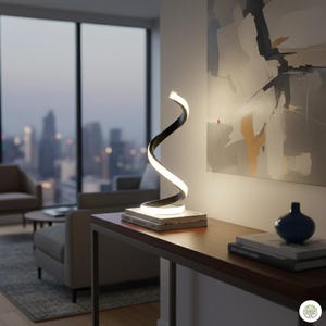 Puede incluir: Una lámpara de mesa moderna en forma de espiral, con un diseño en blanco y negro. La lámpara está iluminada, emitiendo un brillo cálido. Se encuentra sobre una mesa de madera con un libro y un jarrón azul. El fondo presenta un paisaje urbano y arte abstracto.