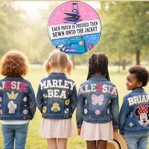 May include: Four children wearing blue denim jackets customized with colorful patches and names. The jackets feature embroidered designs including a crown, horse, bee, bow, and cartoon characters. A circular graphic above states: EACH PATCH IS PRESSED THEN SEWN ONTO THE JACKET.