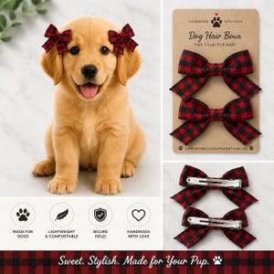 May include: Two red and black buffalo plaid fabric hair bows for dogs, featuring metal alligator clips on the back. The bows are displayed on a cardboard backing card with the text Dog Hair Bows, Handmade with Love, and Comfortable, Lightweight, Secure.