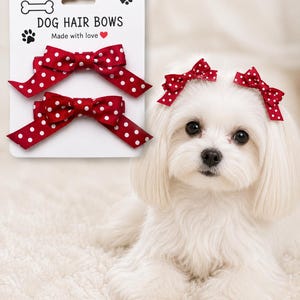 Red Polka Dot Dog Hair Bows for Small Dogs | Handmade Puppy Grooming Bows with Alligator Clips | Maltese Yorkie Shih Tzu Accessories