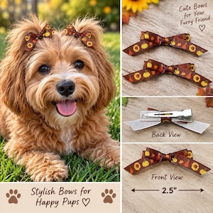 May include: Two brown hair bows with a pumpkin and sunflower pattern, each measuring 2.5 inches wide. The bows feature a metal alligator clip on the back. The text "Cute Bows for Your Furry Friend" and "Stylish Bows for Happy Pups" is visible.