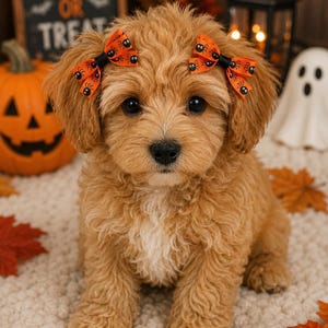May include: A fluffy golden-brown puppy with two orange hair bows featuring a black spider pattern clipped to its ears. The puppy has dark eyes, a black nose, and a white patch of fur on its chest, sitting upright with a soft, curly coat texture.