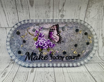 Bandeja de resina com borboleta roxa, bandeja para bijuterias feita à mão em resina epóxi, decoração floral para penteadeira, porta-joias com glitter, presente inspirador.