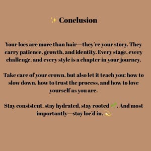 May include: A brown background with text that reads "Conclusion". The text discusses locs, patience, growth, and self-love. The image also includes a floral design and the number 31.