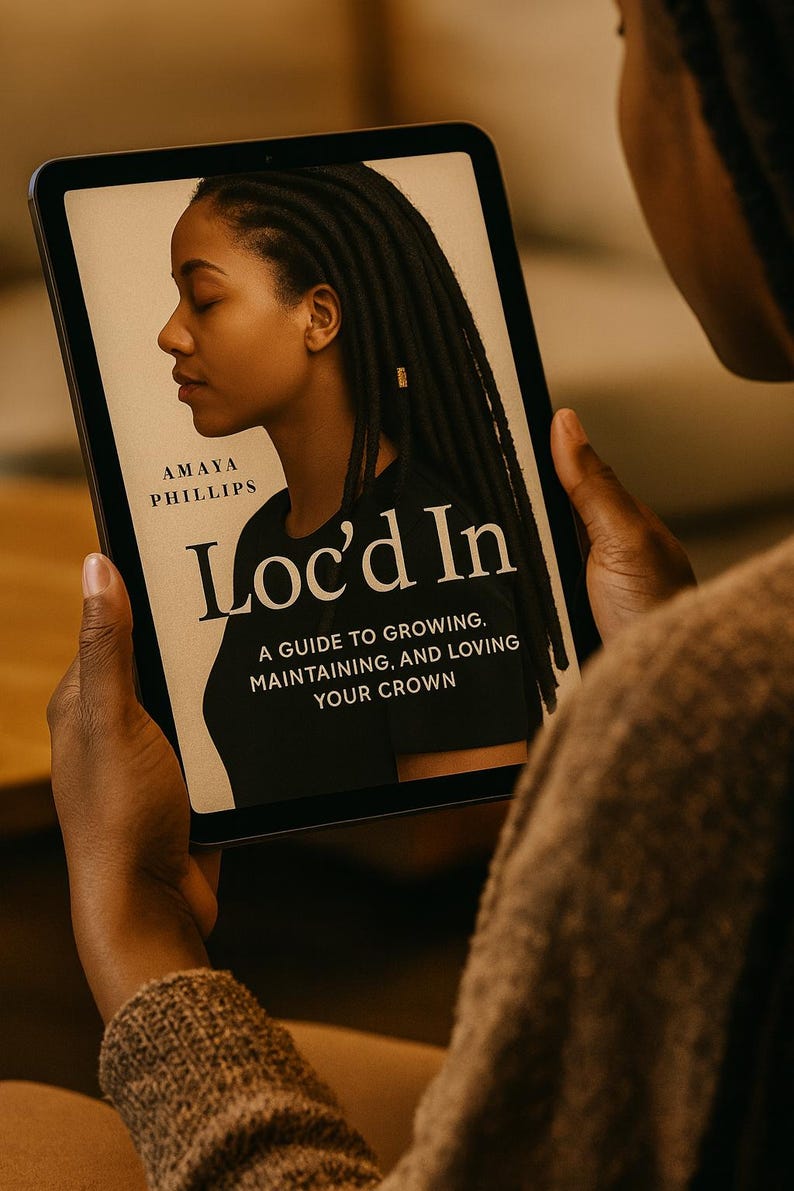May include: A tablet showing the book cover of "Loc'd In" by Amaya Phillips. The cover features a side profile of a person with locs. The book's subtitle reads: "A Guide to Growing, Maintaining, and Loving Your Crown."