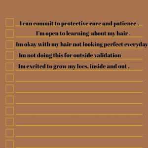 May include: A brown graphic with the text "Energy Check" at the top. The image includes a checklist with statements about hair care, such as "I can commit to protective care and patience." and "I'm open to learning about my hair."