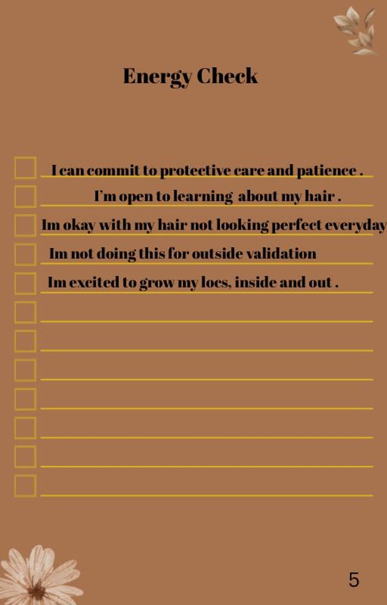 May include: A brown graphic with the text "Energy Check" at the top. The image includes a checklist with statements about hair care, such as "I can commit to protective care and patience." and "I'm open to learning about my hair."