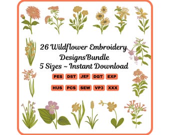 Wild Flowers Embroidery Design Bundle | Wildflower Embroidery Pattern | Machine Embroidery Wildflowers | 26 Floral Designs | PES DST JEF VP3