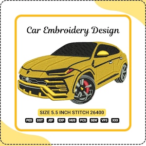 Könnte beinhalten: Gelbes Auto-Stickdesign mit schwarzen Akzenten. Das Bild enthält den Text "Car Embroidery Design" und "SIZE 5.5 INCH STITCH 26400". Das Design zeigt eine detaillierte Illustration eines Autos.